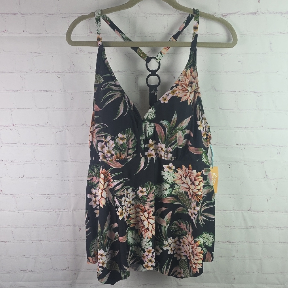 Kona Sol Tropical Floral Black Tank Top